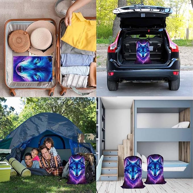 Swono Galaxy Wolf Drawstring Closure Dirty Clothes Bag Organizer, Heavy Duty Large Laundry Bag, Starry Sky Stars Constellation Outer Space Bags for Camp Travel, Machine Washable, Magical Purple