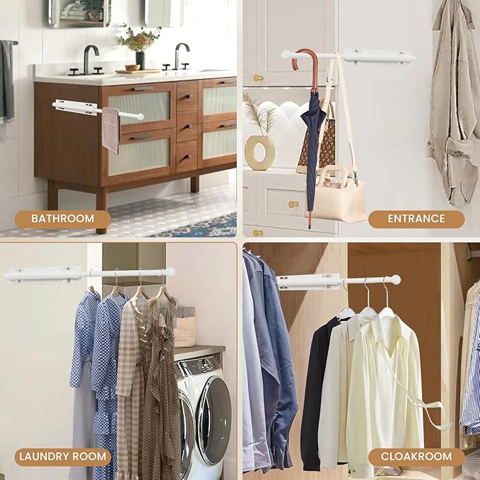 Luvenia Valet Rod,Adjustable Closet Rod 16in Heavy Duty Stainless Steel,Closet Rods For Hanging Clothes Retractable Slide Out Valet Rod For Closet Pull Out For Closet, Laundry Room, Bedroom(White)