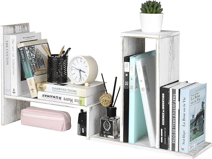 MyGift Adjustable Whitewashed Solid Wood Desktop Storage Organizer Display Shelf Book Rack, Office Desk Bookshelf