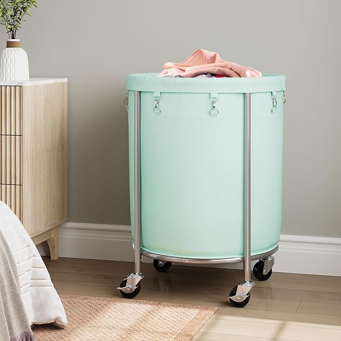 ELYKEN 190L Laundry Basket with Wheels, Large Rolling Laundry Hamper with Removable Liner Bag, Round Rolling Laundry Cart, Dirty Clothes Hamper for Hotel, Home, Closet, Dorm, Mint Green