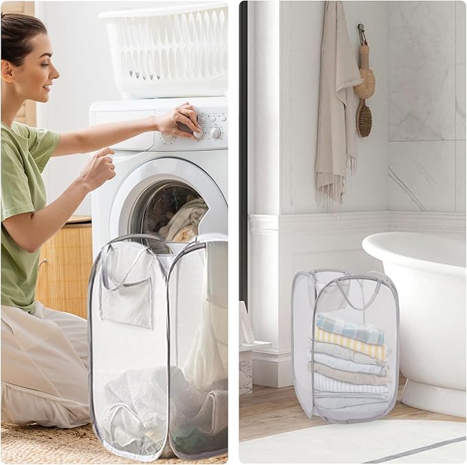 Foldable Pop Up Laundry Hamper – Set of 2 Collapsible Mesh Baskets with Handles for Kids, Baby, Dorm or Travel, Dual-Use Laundry Organizers for Clothes, Toys, Storage – Gray
