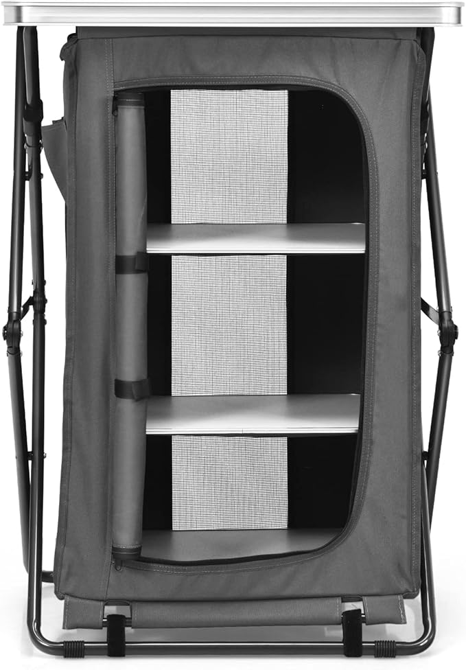Giantex Folding Camping Storage Cabinet with 3 Shelves and Carry Bag, Portable Outdoor Organizer Kitchen Table, Quick Set-up for BBQ, Picnic, Backyard, Compact Pop-Up Cupboard, 35''H