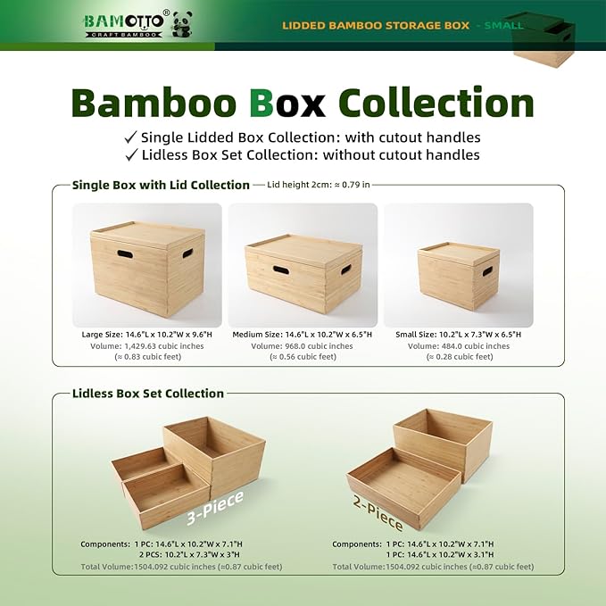 BAMOTTO CRAFTBAMBOO 10.2”x7.3”x6.5” Lidded Storage Bins - Stackable Bamboo Box/Cube/Basket with Handles for Home Kitchen Office, Organize Tableware Clothing Toys Books
