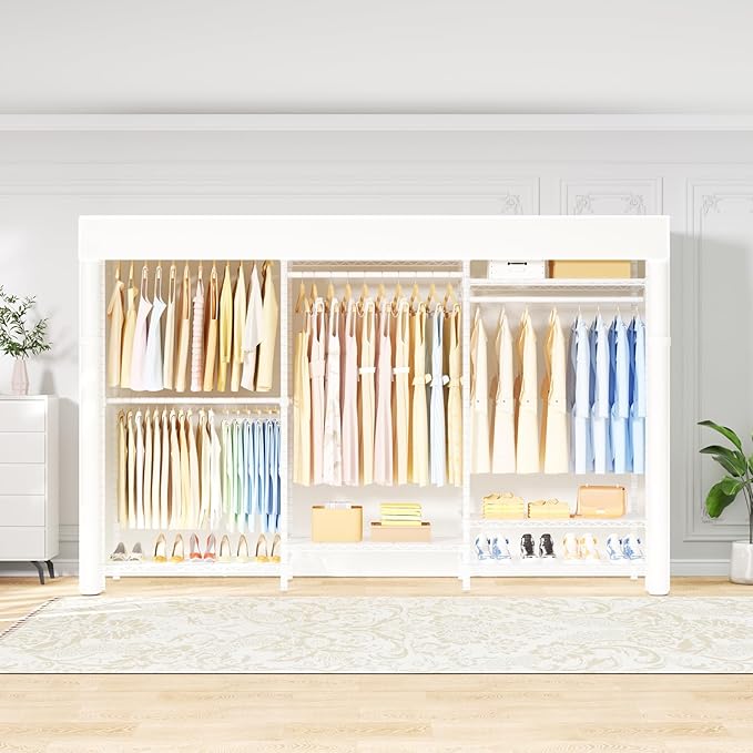 Ulif E13C Pro Heavy Duty Closet Organizer System,Freestanding Clothing Racks for Hanging Clothes,Adjustable Garment Rack 75" W x16 D x77 H Hold 1000lbs,White Rack with White Dustproof Cover
