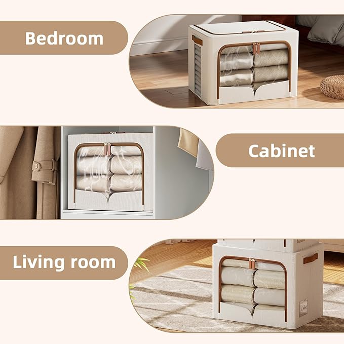 FHSQX 6 Pack Clothes Storage Bins - Foldable Storage Bins for Clothes Fabric Storage Box with Metal Frame (Cream White, 16.5x12.2x12.2 inch)