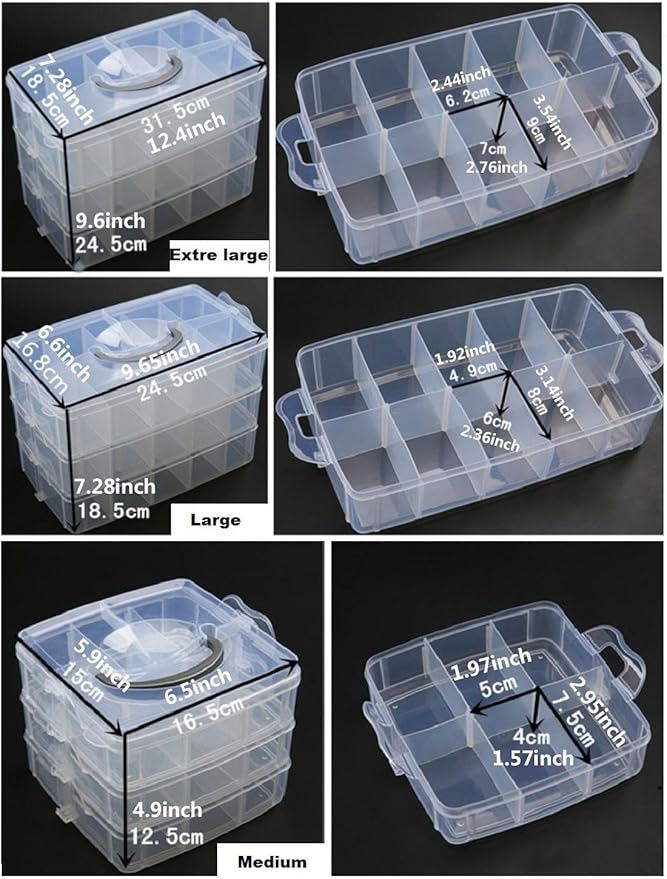 Kamay's 3-Tier Transparent Stackable Adjustable Compartment Slot Plastic Craft Storage Box Organizer Snap-Lock Tray Container 3 Sizes 4 Candy Colors Available(Medium 18 Compartment, Blue)