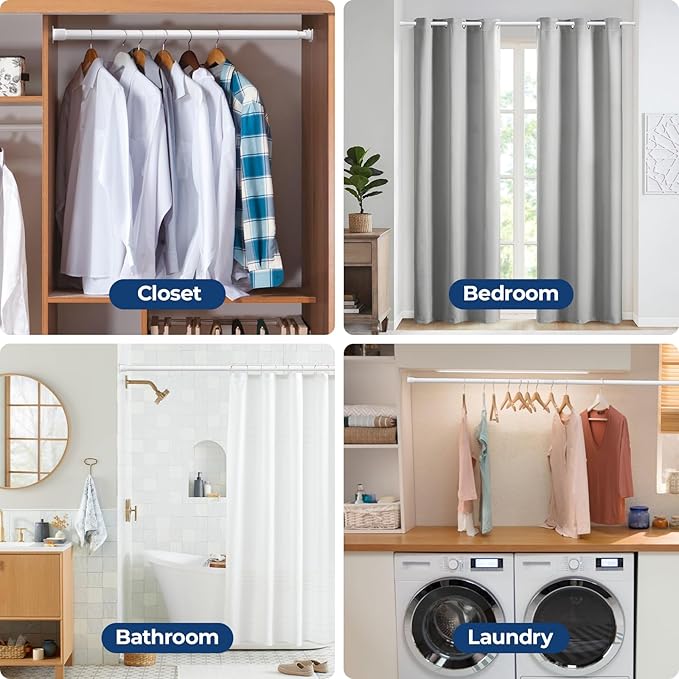 Mavivegue Closet Rod 17 to 28 Inch Adjustable Closet Rods for Hanging Clothes, Heavy Duty Tension Rod, Black Curtain Rod, for Closet, Wardrobes, Bathroom, Laundry (White, 17-28IN)