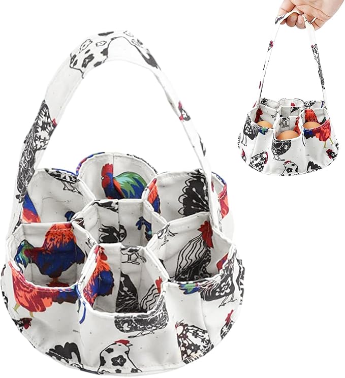 Egg Basket Canvas Collector, 7-Pouch with Padded Bottom, Portable Holder for Fresh Eggs, Chickens Ducks Geese, Backyard Poultry Farm, White