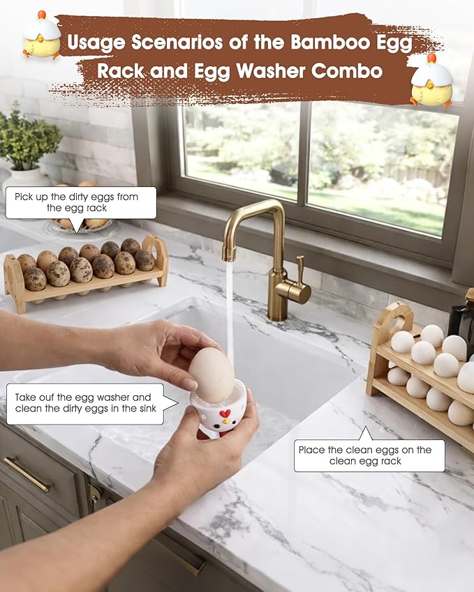 Bamboo Egg Holder Countertop with Silicone Egg Cleaner, 3-Tier Egg Holder for 36 Eggs, Stackable Design for Fresh Eggs, Farmhouse Egg Tray Storage Display Rack,Fits Quail, Duck, Chicken Eggs