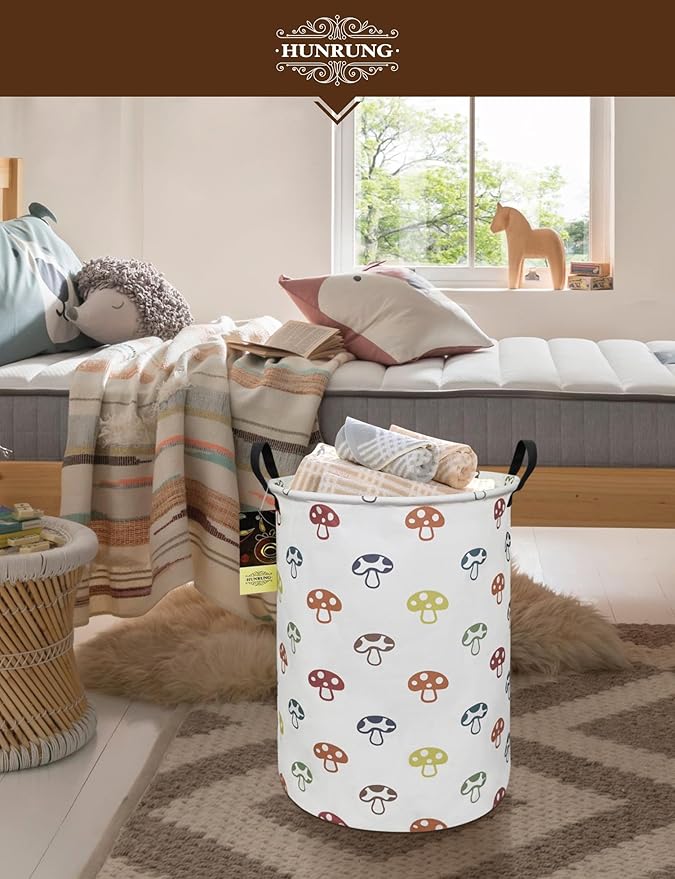 HUNRUNG Collapsible Fabric Storage Basket, Waterproof Laundry Hamper with Handles, Round Storage Bin for Clothes Toys, Foldable Organizer for Bedroom Nursery Bathroom(Round-Color Mushroom)