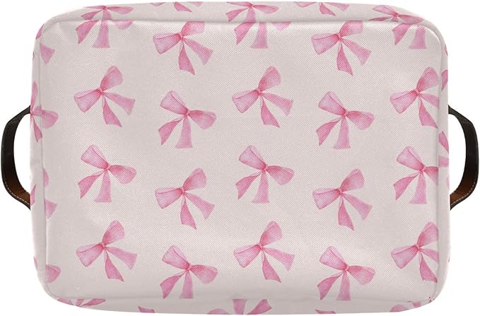 xigua Pink Bow Storage Basket Collapsible Storage Bins Waterproof Canvas Storage Basket with Leather Handles for Home Closets Offices,Bedrooms,Gift Baskets,1PCS