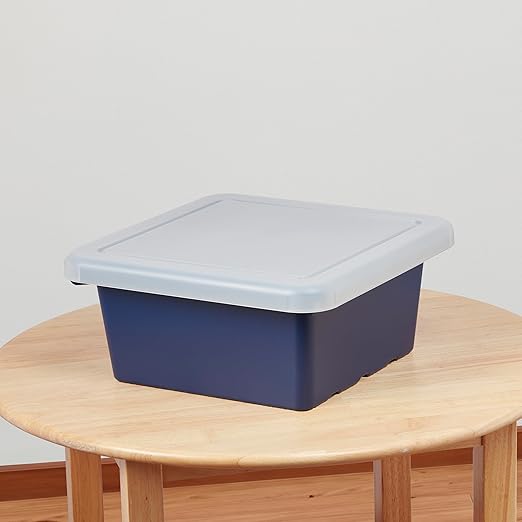 ECR4Kids Stackable Square Bins with Non-Snap Lids, Multipurpose Organization, Navy, 4-Pack