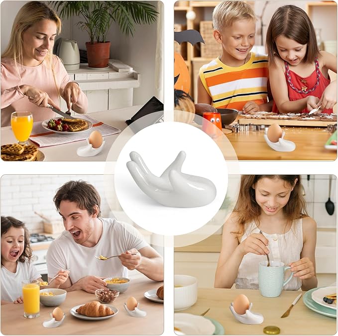 4 Pcs Creative Ceramic Egg Stands, Porcelain Egg Holders Hand Shaped Egg Cups Holder for Hard Boiled Eggs in Living Room, Restaurant and Dining Table for Breakfast, Display