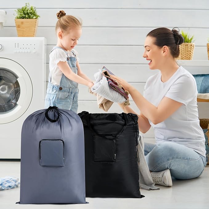 Laundry Bag, 24" x 33" Extra Large Heavy Duty, Nylon, Travel, Camping, Gray, Drawstring Closure