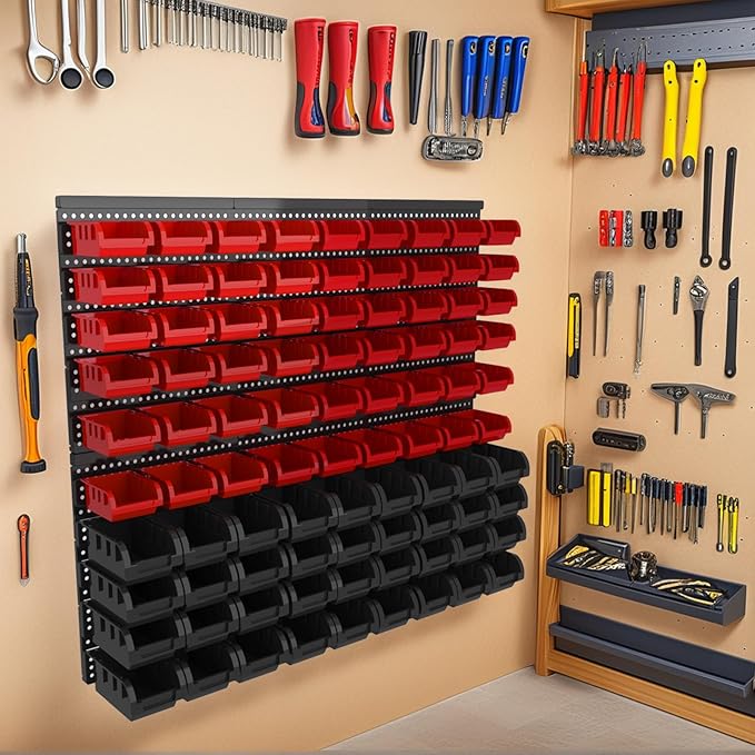 Wall Mounted Storage Bins, Nut and Bolt Organizer, Plastic Bolt Bin, Screw Organizer, Storage Bins for Garage (RED+BLACK, EXTRA LARGE(90PCS))