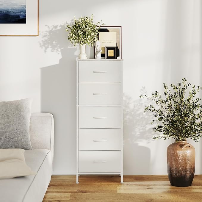 DUMOS Nightstand with 5 Drawers Bedside Table with Removable Fabric Bins Sturdy Steel Frame Wood Top Organizer Furniture for Bedroom Nursery Closet Living Room, White