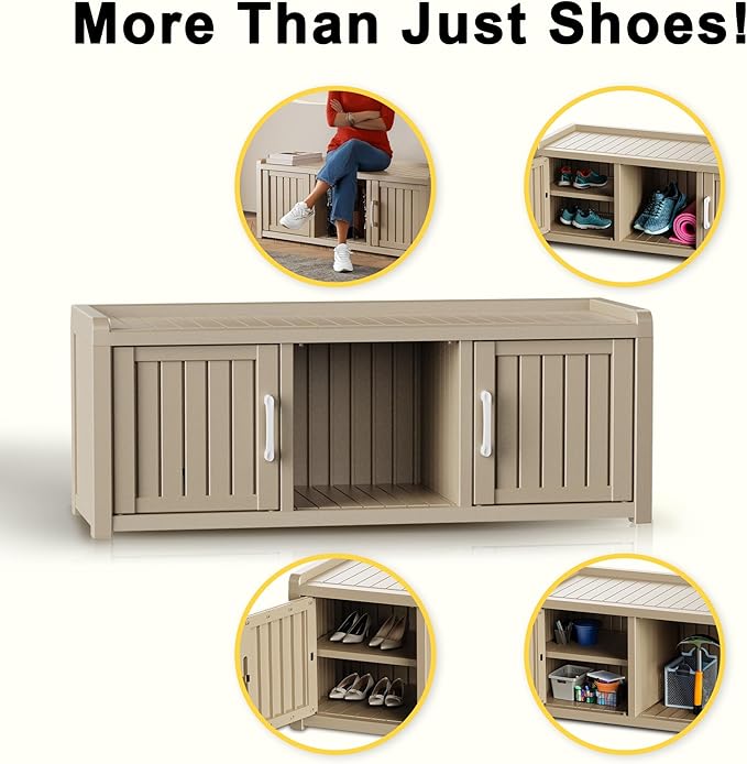 EasyUp Shoe Bench Waterproof,Resin Shoe Cabinet,Outdoor Storage,Industrial Hallway Bench with Adjustable Shelves for Entryway,Living Room,Bedroom(Grey,2 Door)
