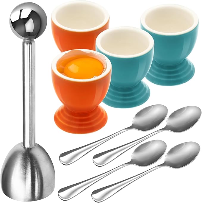 Colorful Soft Boiled Eggs Cups Set, 4 Ceramic Egg Stands and 1 Stainless Steel Egg Cutter, 4 Perfect Egg Spoons for Kitchen and Breakfast Host(Caribbean & Frame)