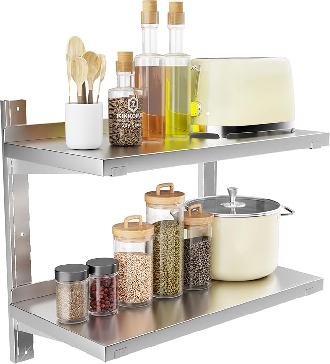 Stainless Steel Shelf, 23.6" x 12.6" Commercial Floating Wall Shelf with Brackets, 110Lb Capacity, Adjustable Double-Layer Metal Heavy Duty Storage Rack for Restaurant, Kitchen, Home, Bathroom