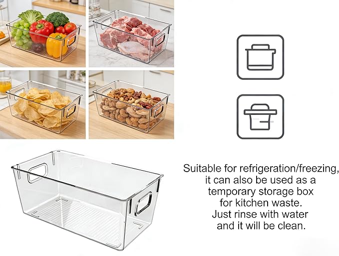 4 PCS Clear Plastic Storage Bins, Mixed Size (2 Large + 2 M) Pantry Organizer Containers with Easy-Grip Handles for Refrigerator, Kitchen, Cabinets, Countertops & Home Organization