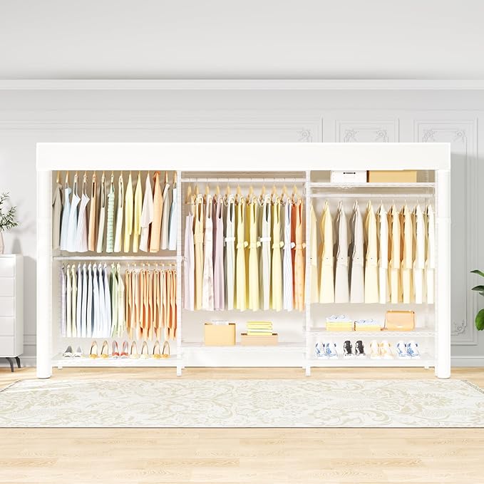 Ulif E13C Max Heavy Duty Closet Organizer System,Freestanding Clothing Racks for Hanging Clothes,Adjustable Garment Rack 86" W x16 D x77 H Hold 1100 lbs,White Rack with White Dustproof Cover