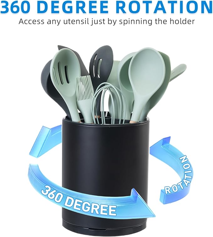LIBODOUR Kitchen Utensil Holder Extra Large 360°Rotating For Counter Organizer Stainless Steel Storage Cooking Silverware Caddy 3 Compartment Flatware Spoon Spatula Tool Cutlery Container(Black)