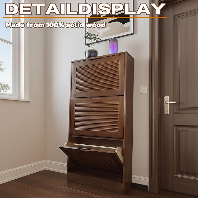 Solid Shoe Storage Cabinet with 3 Flip Drawers, Narrow Wood Shoe Organizer Cabinet with Fluted Panel, Slim Shoe Rack for Entryway, Freestanding Shoe Cabinet for Entryway Hallway Foyer ,Walnut