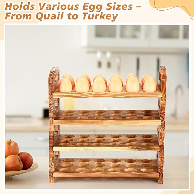 Reallnaive 4 Tier Wooden Egg Holder for Countertop, Pine Stackable Fresh Egg Storage Farmhouse Collecting Rack for Gathering Kitchen Organizer Duck Eggs Display, Stackable with 72 Eggs(Brown)