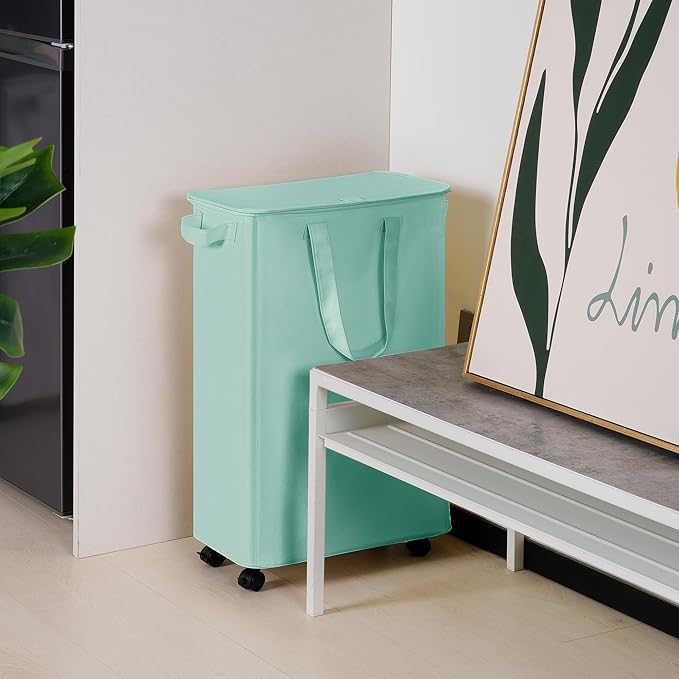 Vincona Slim Laundry Hamper with Lid and Wheels, Small Rolling Laundry Basket with Handle for Small Spaces, Tall Dirty Clothes Hampers for Dorm, Bathroom and Bedroom, 75L, Light Blue