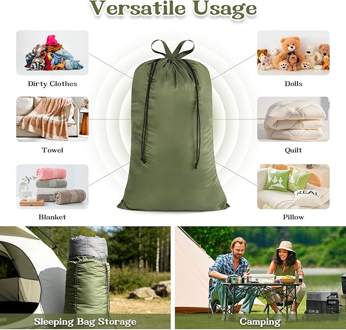 Heavy Duty Nylon Laundry Bag, Extra Large Sleeping Bag Storage Sack, Drawstring Closure with Carrying Handles, Ultra-Light for Camping, Outdoors, Machine Washable