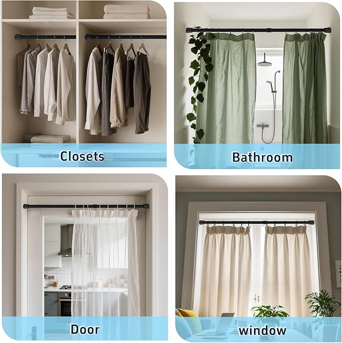 2 Pack Black Tension Rods, 41"-75" Adjustable Shower Curtain Rods, Heavy Duty No Drilling Rod, 11lbs Max Load, 1.2" End Cap, 19/22mm Tube, Metal, for Bathroom, Window, Bedroom, Doorway, Closet
