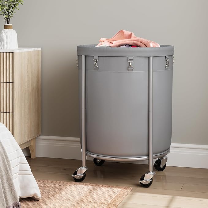 ELYKEN 190L Laundry Basket with Wheels, Large Rolling Laundry Hamper with Removable Liner Bag, Round Rolling Laundry Cart, Dirty Clothes Hamper for Hotel, Home, Closet, Dorm, Gray