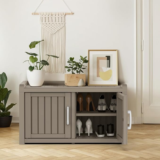 EasyUp Shoe Bench Waterproof,Resin Shoe Cabinet,Outdoor Storage,Industrial Hallway Bench with Adjustable Shelves for Entryway,Living Room,Bedroom(Grey,Double Door)