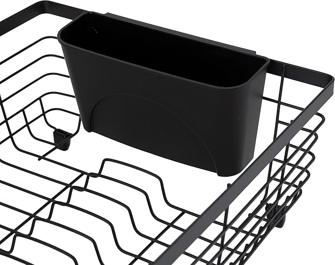 Kitchen Details Flat Wire Countertop or Over The Sink Dish Drying Rack with Cutlery Basket | Holds up 10 Dishes | Mugs | Kitchen Accessories | Black