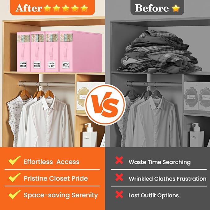 WOWBOX Sheet Organizers and Storage,Closet Bed Sheet Organizer Under Bed Storage and Organization with Label Cards & Clear Window for Bedding Sheets,Duvet Covers,Blankets (3 Pack,Pink)