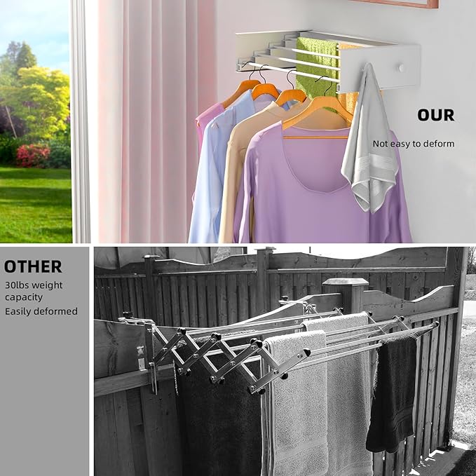 ZMBESUP Upgrade Small Wall Mounted Drying Rack with 4 Hooks, 23.6" Compact Foldable Laundry Rack for Apartment, Space Saving Collapsible Design, Includes Template for Small Bathroom & Balcony (White)