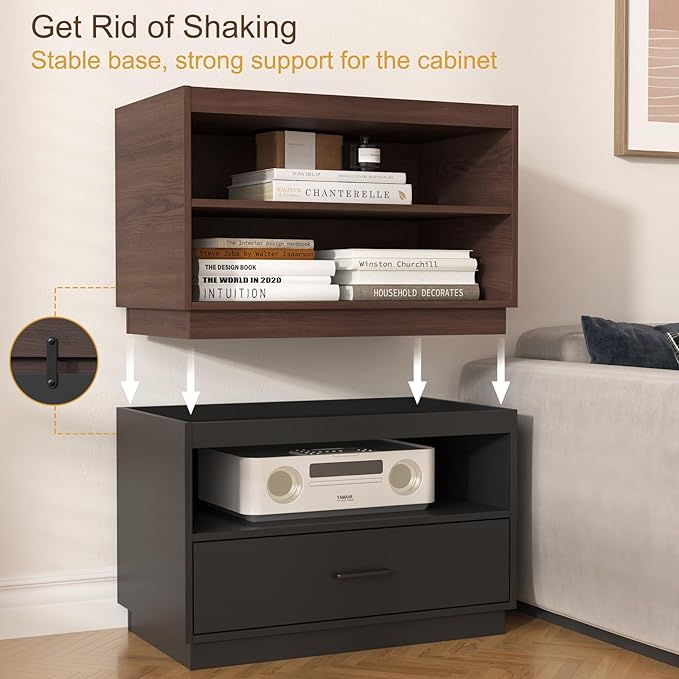 Stackable Storage Drawers,28" Wide Storage Bins w/Drawers and Compartment, Wood Stackable Organizer Modern Large Stackable Storages Units for Living Room Hallway (Black)