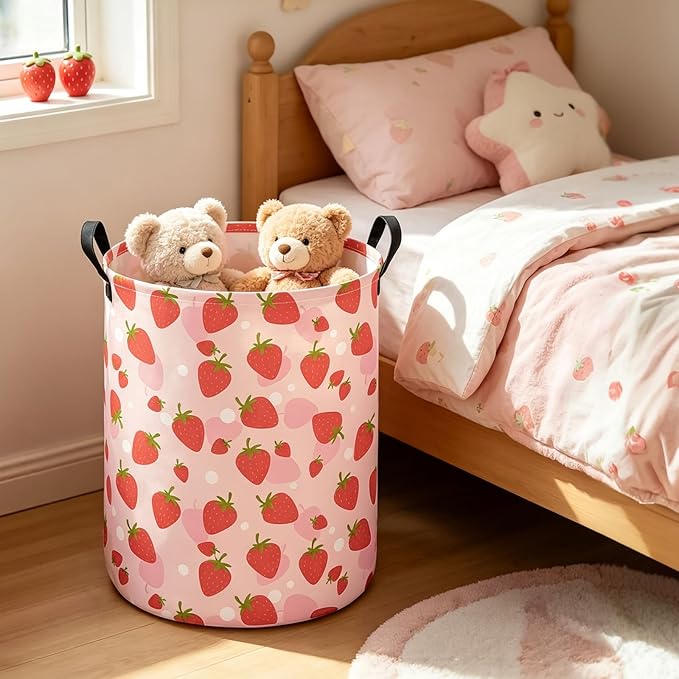 HUNRUNG Collapsible Fabric Storage Basket, Waterproof Laundry Hamper with Handles, Round Storage Bin for Clothes Toys, Foldable Organizer for Bedroom Nursery Bathroom(Round-Pink Strawberry)