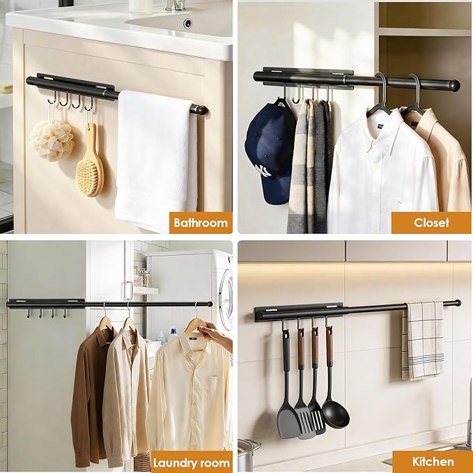 Lewondr Valet Rod for Closet Pull Out, 12" Adjustable Heavy Duty Extending Closet Rod, Valet Clothing Hanger Rods Extender for Wardrobe, Laundry Room, Bedroom, Bathroom, Black, 2 Pack