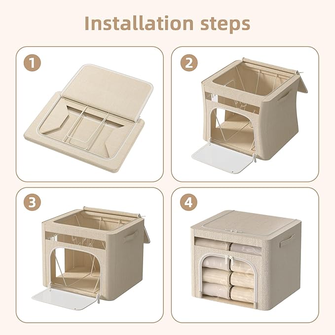 FHSQX 6 Pack Foldable Storage Bins for Clothes Clothes Storage Bins with Metal Frame Stackable Storage Box with Lid (Beige, 19.7x15.7x13.8 inch (70L))