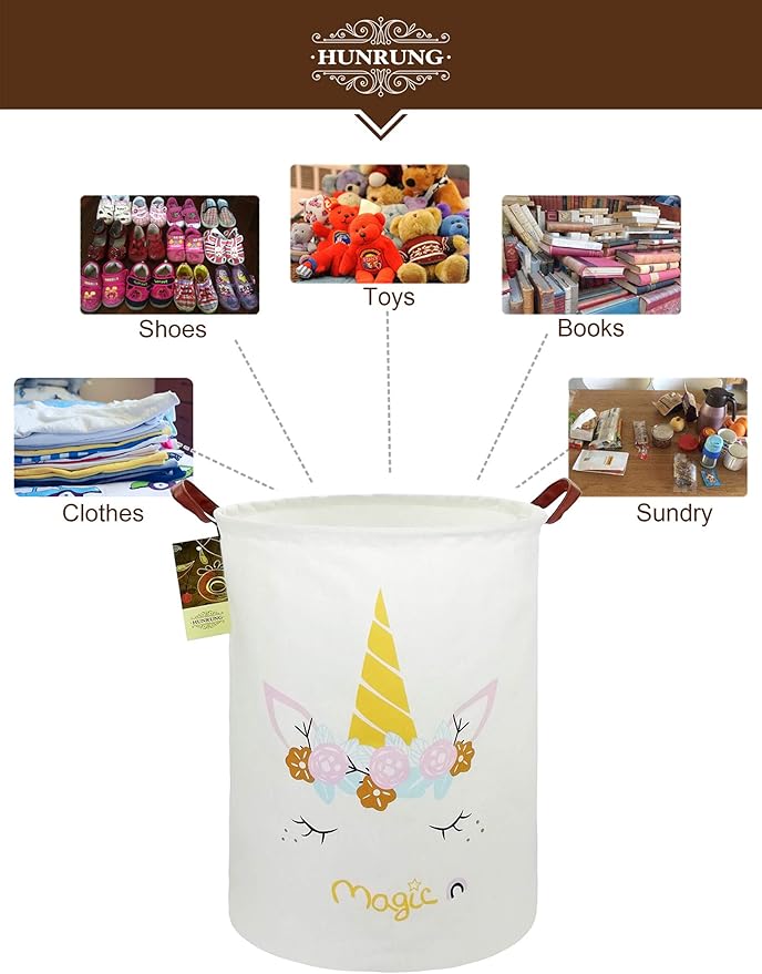 HUNRUNG Collapsible Fabric Storage Basket, Waterproof Laundry Hamper with Handles, Round Storage Bin for Clothes Toys, Foldable Organizer for Bedroom Nursery Bathroom(Round-magic-unicorn)