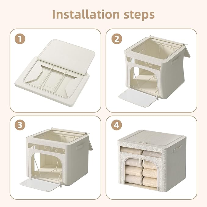 FHSQX 6 Pack Foldable Storage Bins for Clothes Clothes Storage Bins with Metal Frame Stackable Storage Box with Lid (Cream White, 19.7x15.7x13.8 inch (70L))