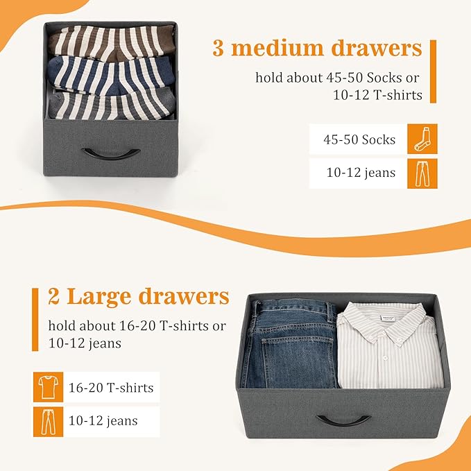 Sweetcrispy Dresser for Bedroom 5 Drawer Chest Tower, Small Storage Organizer Units Kidsroom, Living Room, Closet, Wooden Top Steel Frame & Fabric Bins, Lightweight TV Furniture, Clothing Cabinet