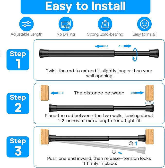 MEXAU 2pack Short Tension Curtain Rod 8 to 12.5 Inch,Spring Tension Rods Black Curtain Rods Adjustable Spring Rod Mini DIY Tension Rods No Drill for Slim Window Cupboard