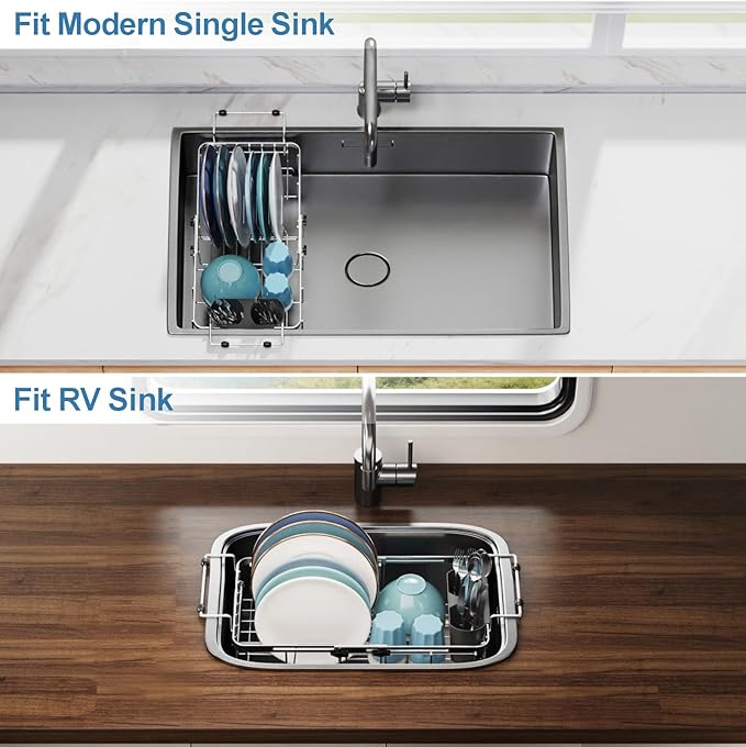 GSlife Small Sink Dish Drying Rack - 9" W Expandable Stainless Steel Compact Dish Drainer for RV, Apartment, Camper, Kitchen, Dish Strainer with Lock Knob, 11.9"-16.7" L, Silver