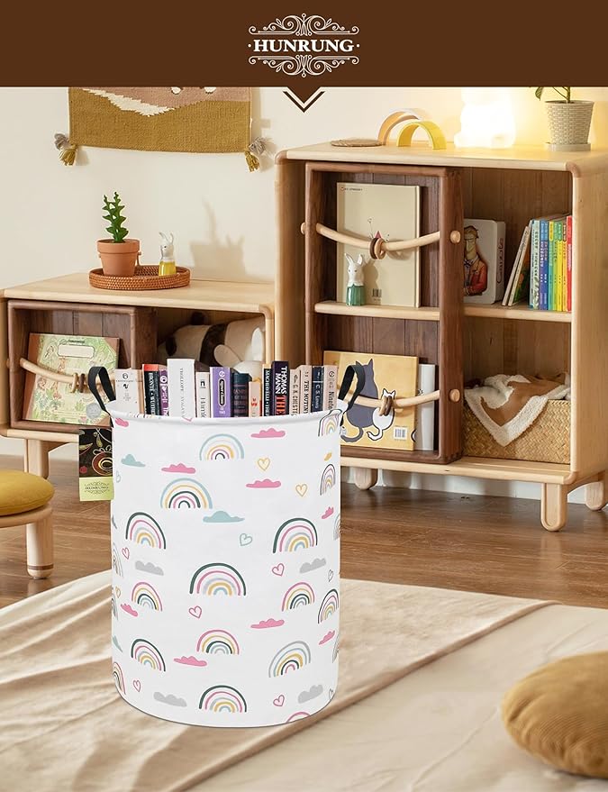 HUNRUNG Collapsible Fabric Storage Basket, Waterproof Laundry Hamper with Handles, Round Storage Bin for Clothes Toys, Foldable Organizer for Bedroom Nursery Bathroom(Round-Rainbow)