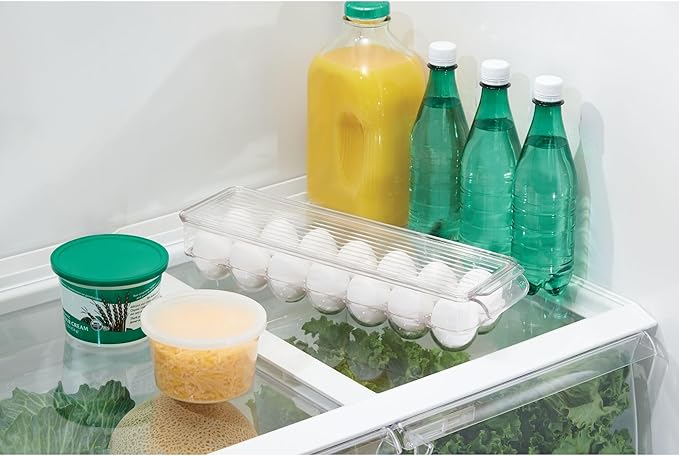 iDesign Minimalist Clear Plastic Recycled Egg Holder - Holds 14 Eggs - Fridge & Freezer - Portable Handle - Stackable - 14.6 x 4.3 x 3 inches