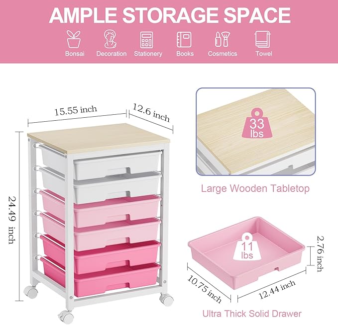 SYKIARIOL Rolling Cart with Drawers,Utility Cart with 6 Drawers,Rolling Storage Cart with Drawers and Wooden Tabletop & Lockable Wheel,Pink