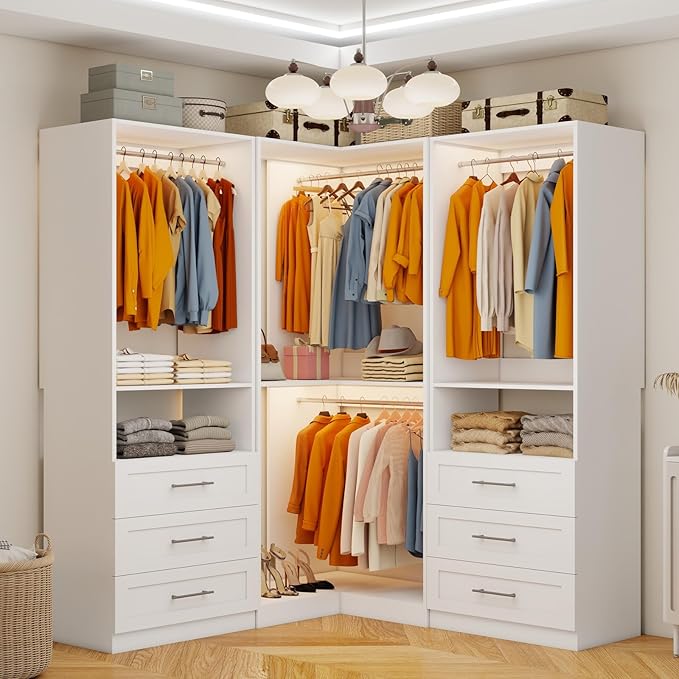 Closet System with 6 Wooden Drawers, 6.5-16FT Corner Closet Organizer System for Walk in Closet, Heavy Duty Modular Closet Systems, Built-in Shelving System with 7 Hanging Rods, 3-Piece Set