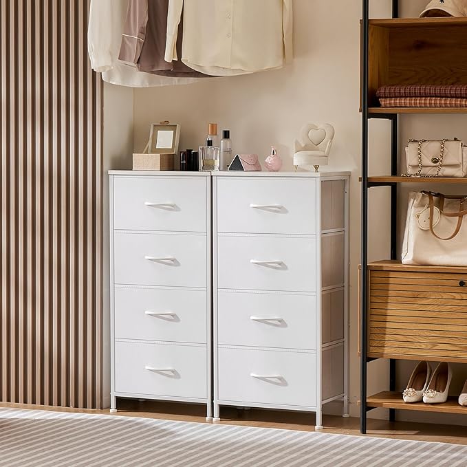 Sweetcrispy Dresser for Bedroom, Storage Drawers, Skinny Fabric Storage Tower with 4 Drawers, Tower Organizer Unit, Chest of Drawers with Wooden Top for Closet,Entryway